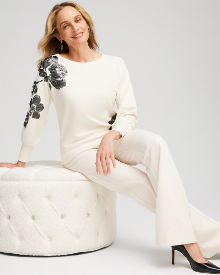 Chicos Sequin Floral Pullover Sweater - English Cream Chicos Sequin Floral Pullover Sweater - English Cream