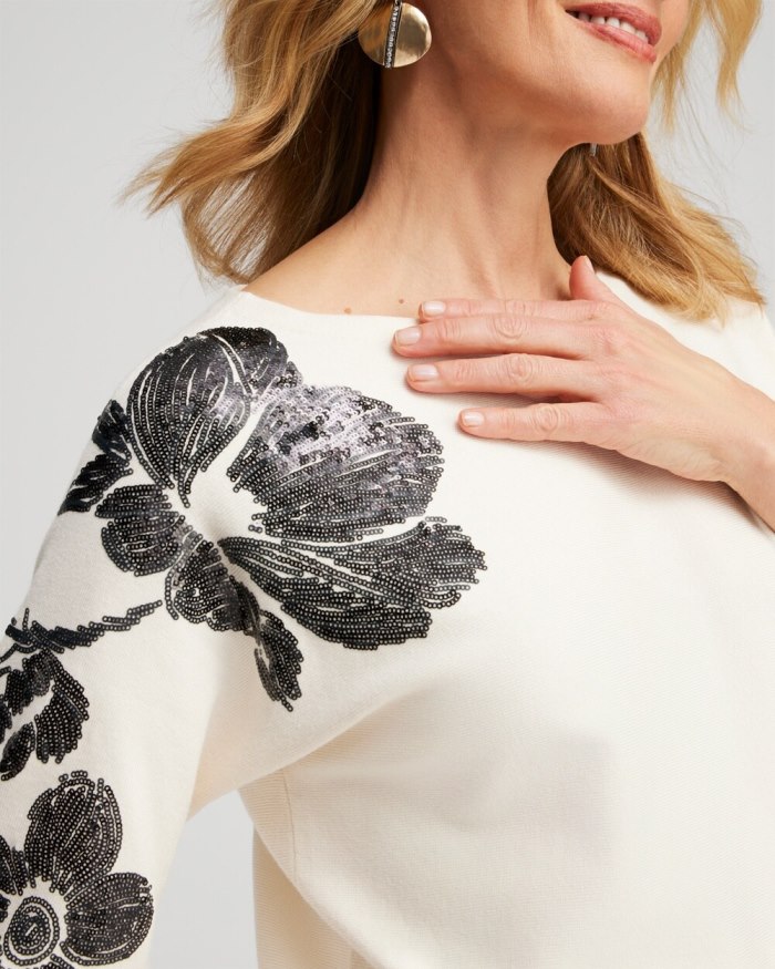 Chicos Sequin Floral Pullover Sweater - English Cream Chicos Sequin Floral Pullover Sweater - English Cream