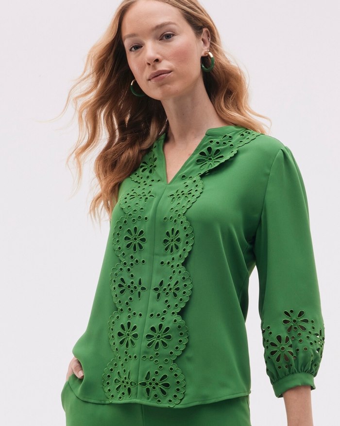 Chicos Satin Eyelet Top - Verdant Green Chicos Satin Eyelet Top - Verdant Green