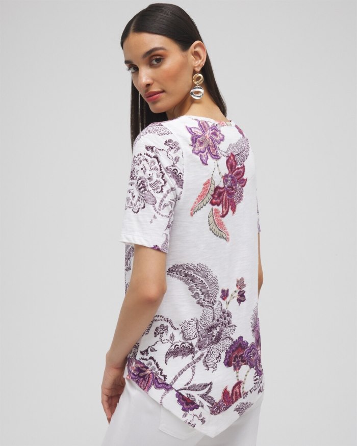 Chicos Floral Asymmetrical Elbow Sleeve Tee - Alabaster Chicos Floral Asymmetrical Elbow Sleeve Tee - Alabaster