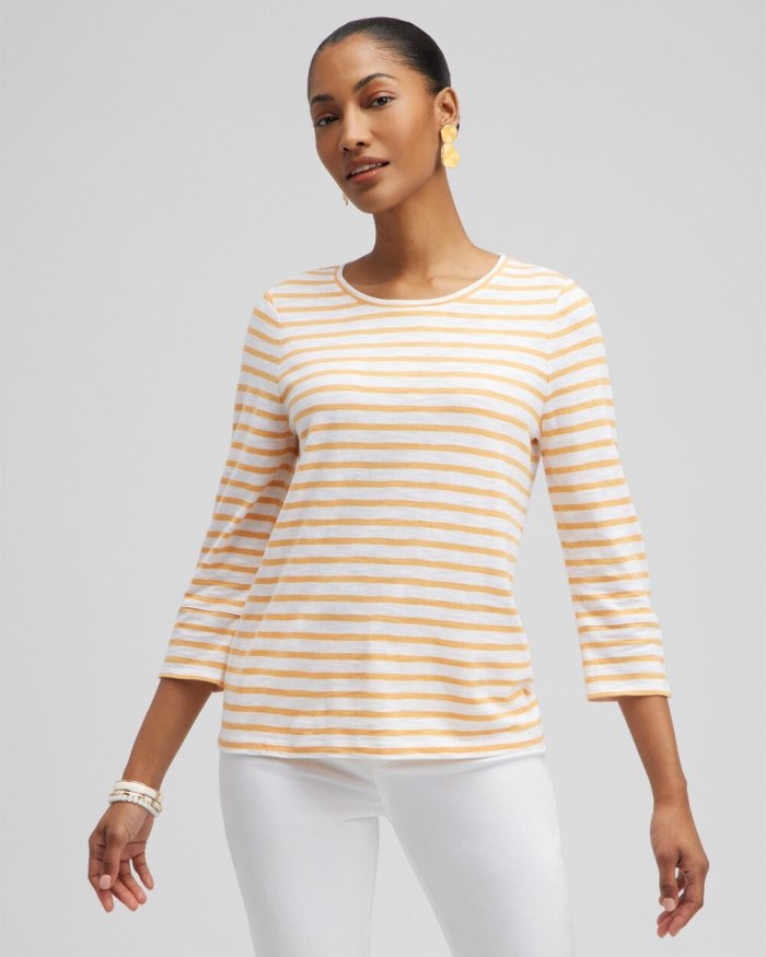 Chicos Stripe 3/4 Sleeve Button Tee - Mango Sorbet Chicos Stripe 3/4 Sleeve Button Tee - Mango Sorbet