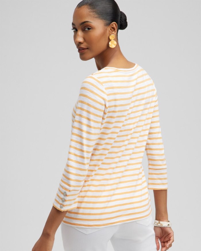 Chicos Stripe 3/4 Sleeve Button Tee - Mango Sorbet Chicos Stripe 3/4 Sleeve Button Tee - Mango Sorbet