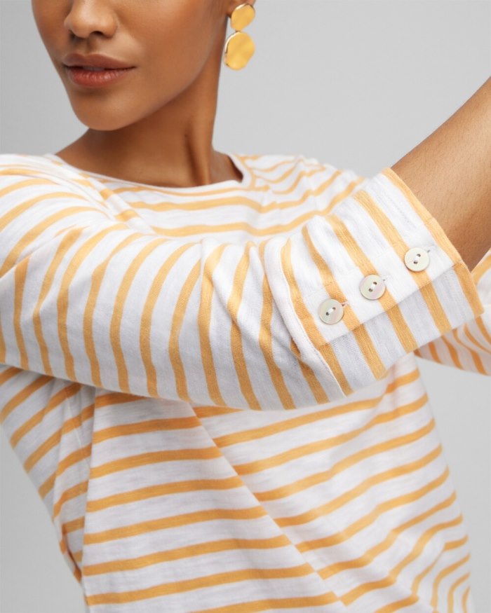 Chicos Stripe 3/4 Sleeve Button Tee - Mango Sorbet Chicos Stripe 3/4 Sleeve Button Tee - Mango Sorbet