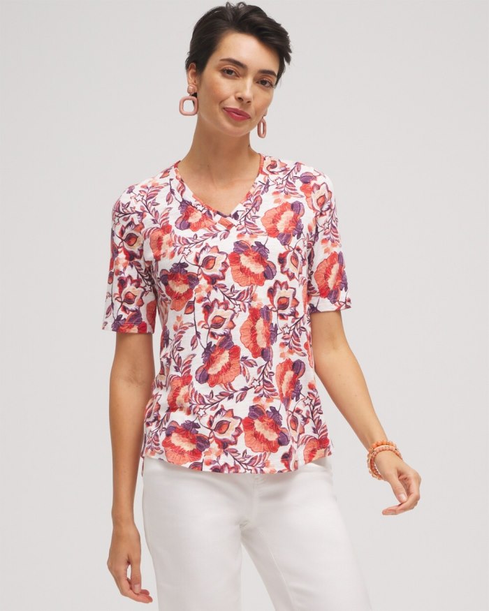 Chicos Floral Elbow Sleeve A-line Tee - Alabaster Chicos Floral Elbow Sleeve A-line Tee - Alabaster