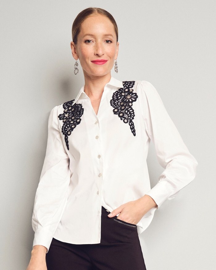 Chicos Poplin Lace Applique Shirt - Alabaster Chicos Poplin Lace Applique Shirt - Alabaster