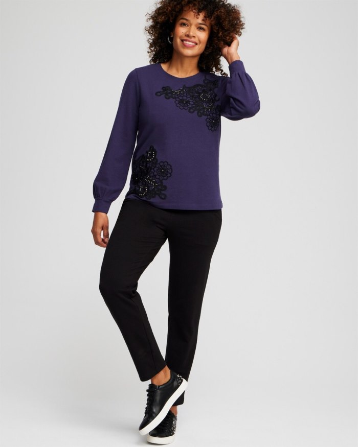 Chicos Zenergy French Terry Applique Sweatshirt - Dewberry Chicos Zenergy French Terry Applique Sweatshirt - Dewberry