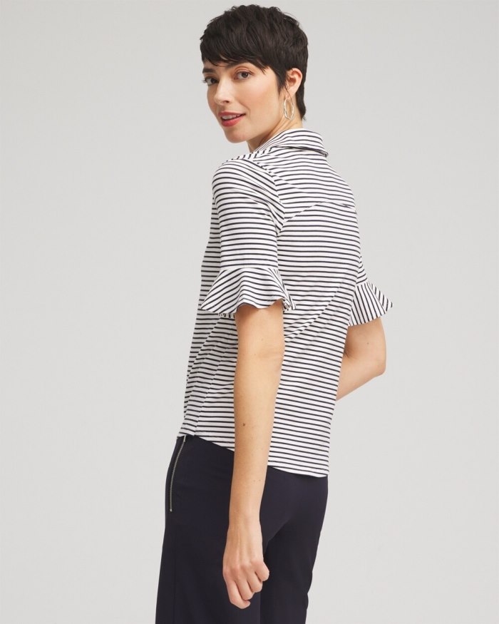 Chicos Zenergy UPF Knit Stripe Ruffle Polo - Classic Navy Chicos Zenergy UPF Knit Stripe Ruffle Polo - Classic Navy