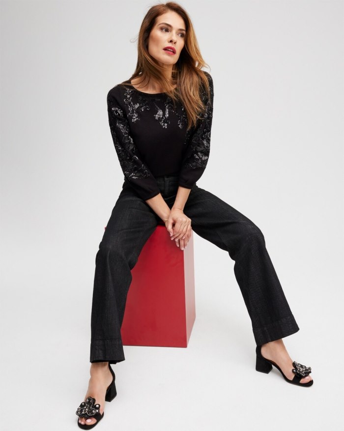 Chicos Sequin Floral Pullover Sweater - Black Chicos Sequin Floral Pullover Sweater - Black
