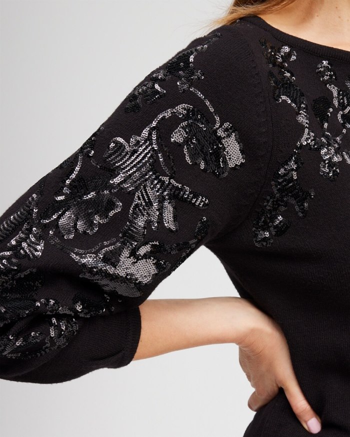 Chicos Sequin Floral Pullover Sweater - Black Chicos Sequin Floral Pullover Sweater - Black