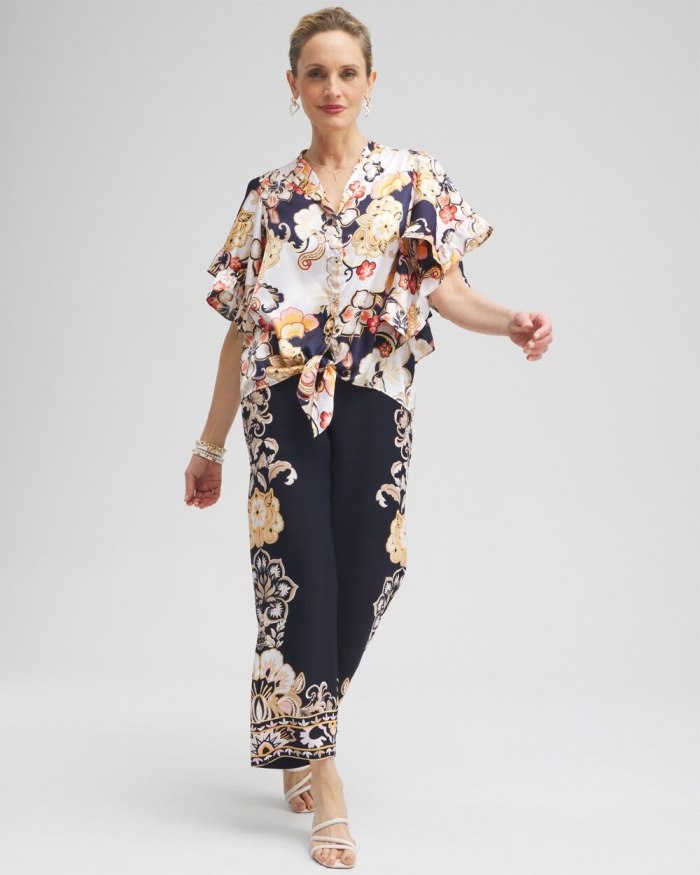 Chicos Satin Ruffle Sleeve Tie Front Shirt - Classic Navy Chicos Satin Ruffle Sleeve Tie Front Shirt - Classic Navy