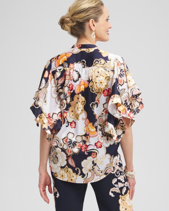 Chicos Satin Ruffle Sleeve Tie Front Shirt - Classic Navy Chicos Satin Ruffle Sleeve Tie Front Shirt - Classic Navy