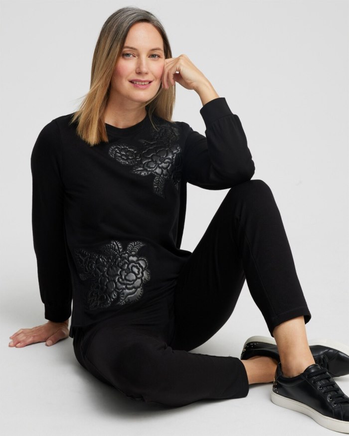 Chicos Zenergy French Terry Faux Leather Sweatshirt - Black Chicos Zenergy French Terry Faux Leather Sweatshirt - Black