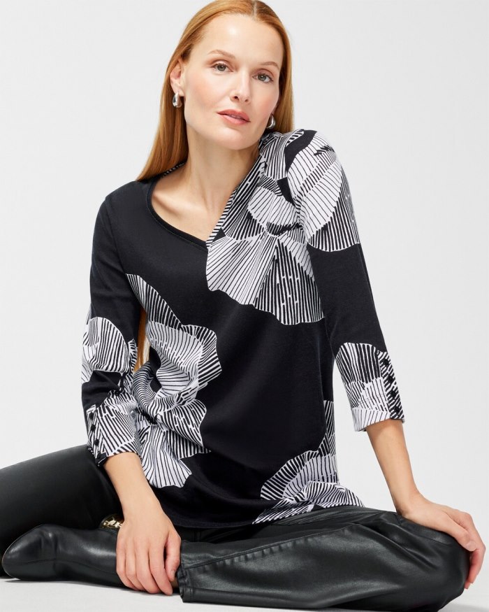 Chicos Pima Floral Everyday Button Tunic - Black Chicos Pima Floral Everyday Button Tunic - Black