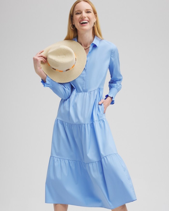 Chicos Poplin Tiered Shirt Dress - Blue Veil Chicos Poplin Tiered Shirt Dress - Blue Veil