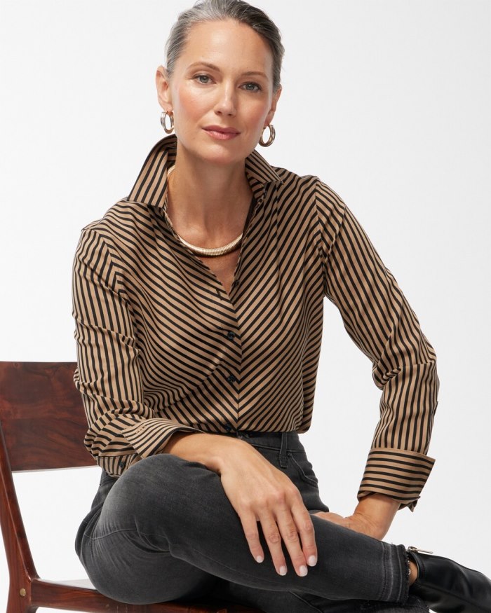 Chicos No Iron Stretch Black Imperial Stripe Shirt - Black And Neutral Chicos No Iron Stretch Black Imperial Stripe Shirt - Black And Neutral