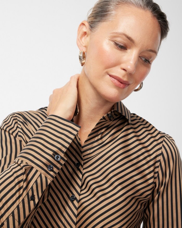 Chicos No Iron Stretch Black Imperial Stripe Shirt - Black And Neutral Chicos No Iron Stretch Black Imperial Stripe Shirt - Black And Neutral