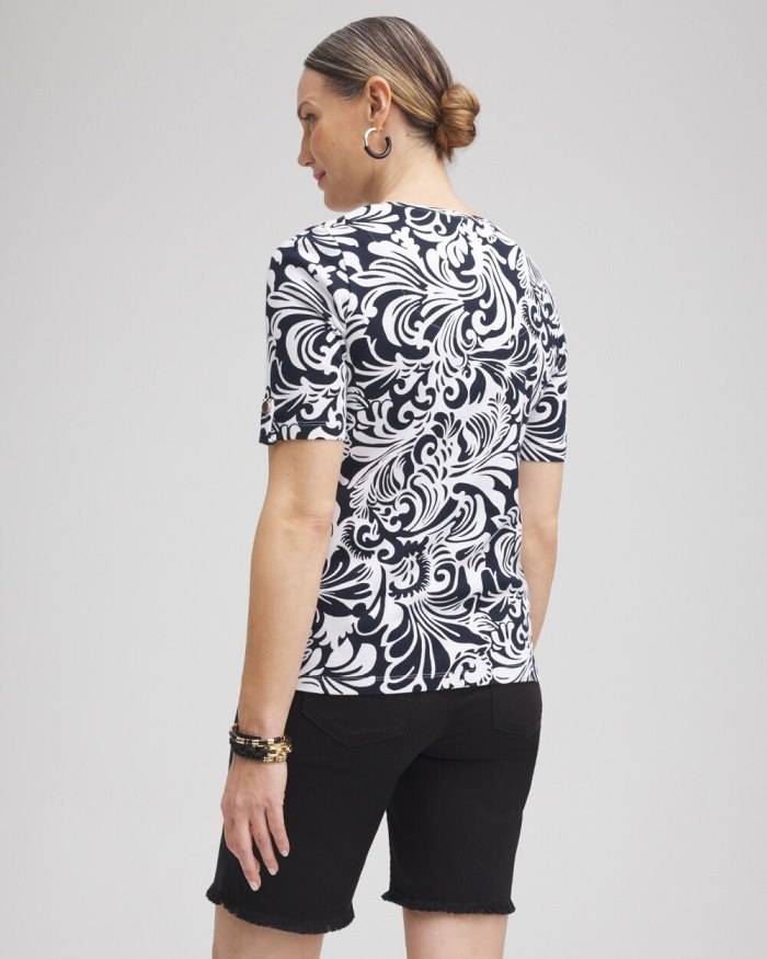 Chicos Scrolls Elbow Sleeve Cotton Tee - Black Chicos Scrolls Elbow Sleeve Cotton Tee - Black