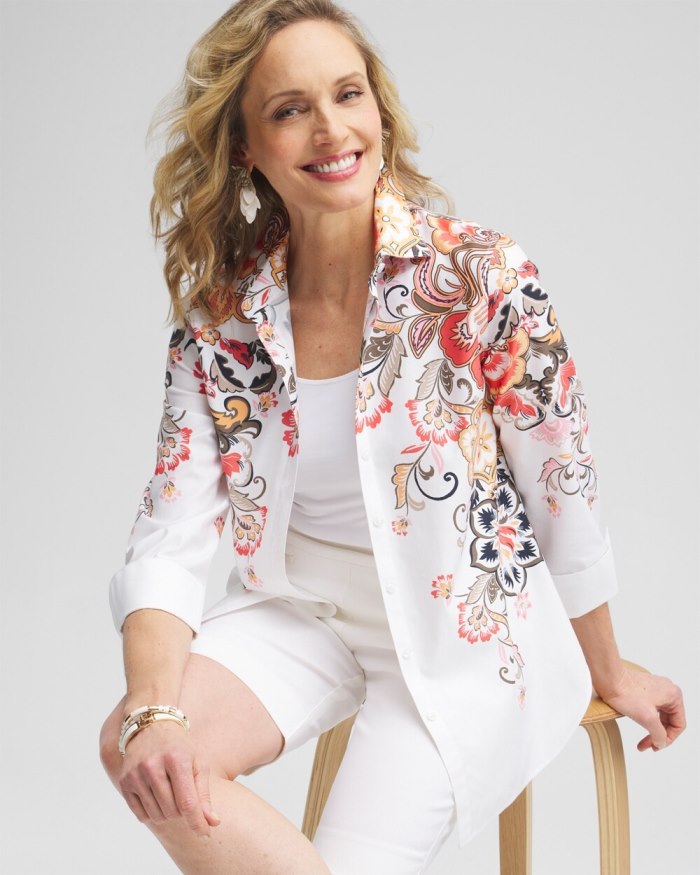 Chicos No Iron Stretch Warm Floral Shirt - Nectarine Chicos No Iron Stretch Warm Floral Shirt - Nectarine