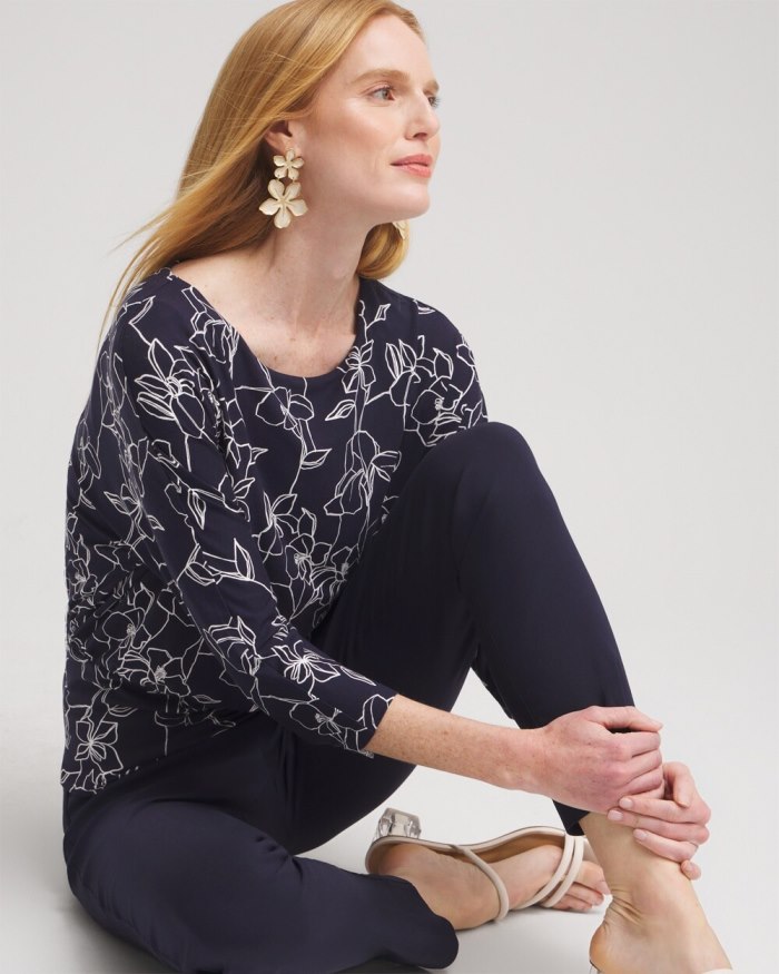 Chicos Touch of Cool Floral Banded Hem Top - Classic Navy Chicos Touch of Cool Floral Banded Hem Top - Classic Navy