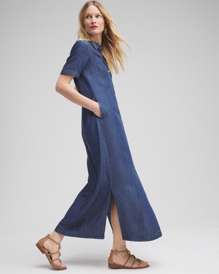 Chicos Short Sleeve Maxi Shirt Dress - Marina Bay Indigo Chicos Short Sleeve Maxi Shirt Dress - Marina Bay Indigo