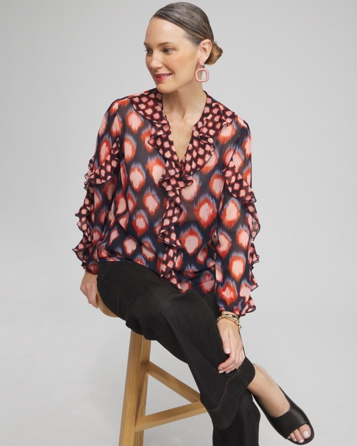 Chicos Ruffle Detail Ikat Blouse - Classic Navy Chicos Ruffle Detail Ikat Blouse - Classic Navy