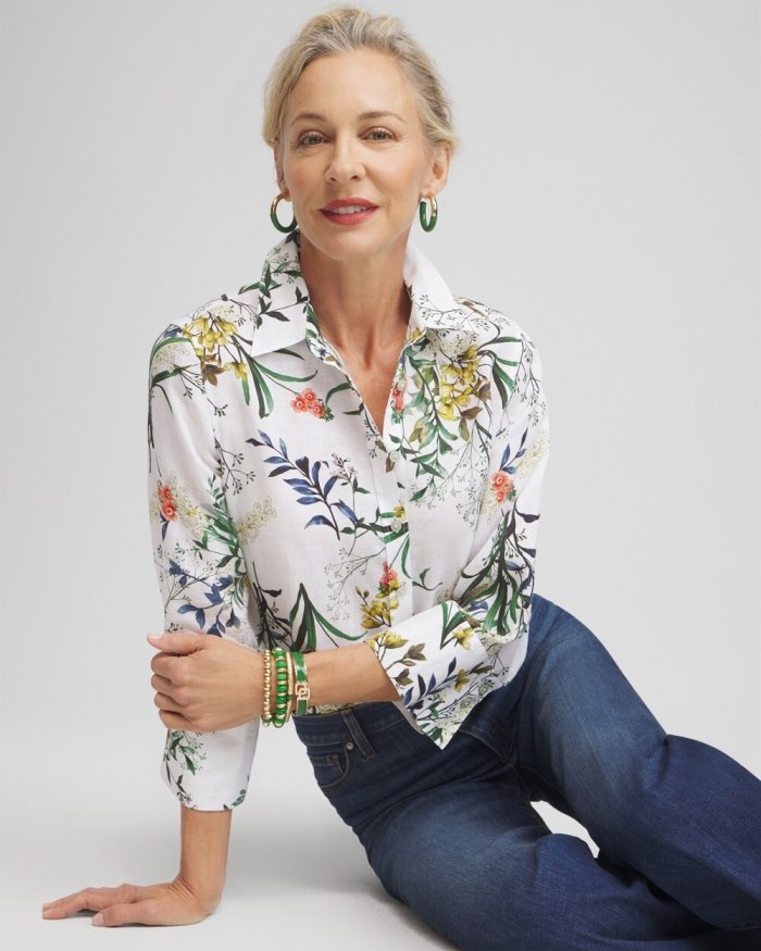 Chicos No Iron Linen Floral 3/4 Sleeve Shirt - Optic White Chicos No Iron Linen Floral 3/4 Sleeve Shirt - Optic White