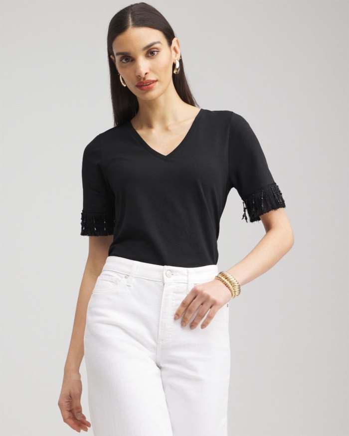 Chicos Fringe Trim Top - Black Chicos Fringe Trim Top - Black