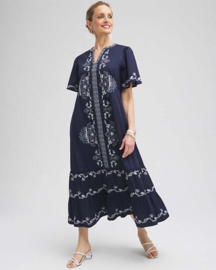 Chicos Poplin Embroidered Maxi Dress - Classic Navy Chicos Poplin Embroidered Maxi Dress - Classic Navy