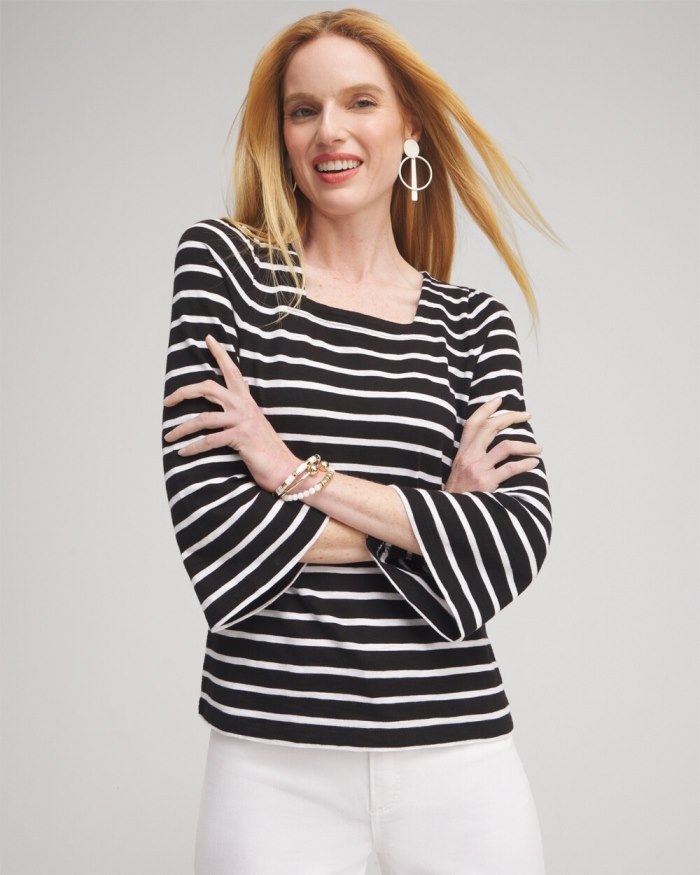 Chicos Stripe Square Neck Bell Sleeve Top - Black Chicos Stripe Square Neck Bell Sleeve Top - Black