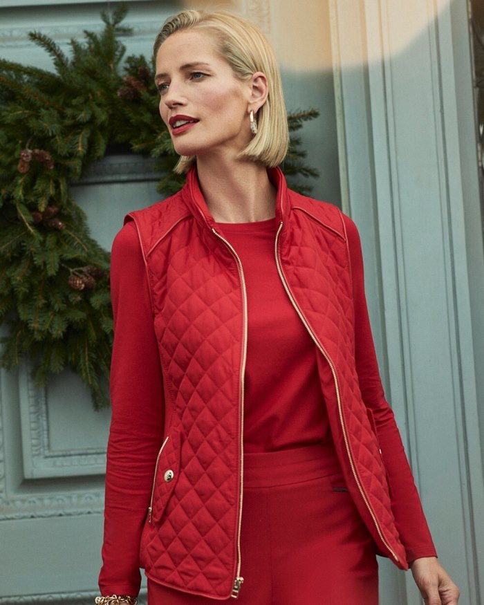 Chicos Rib Trim Quilted Vest - Wild Poppy Chicos Rib Trim Quilted Vest - Wild Poppy