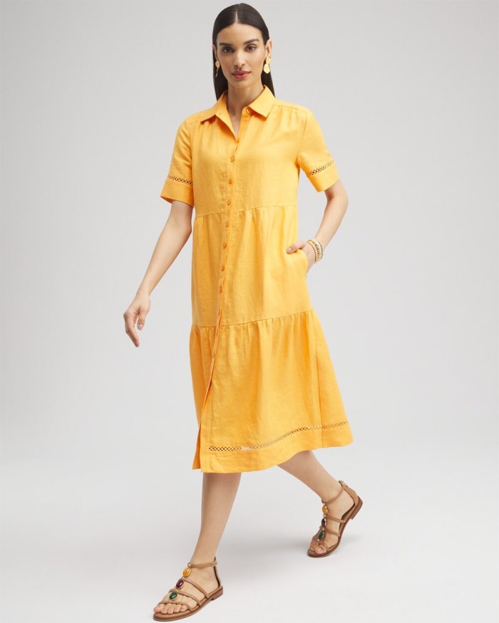 Chicos Linen Lattice Trim Midi Dress - Mango Sorbet Chicos Linen Lattice Trim Midi Dress - Mango Sorbet