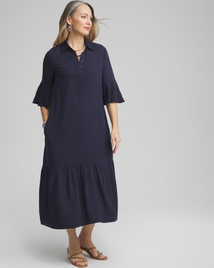 Chicos Flounce Sleeve Midi Dress - Classic Navy Chicos Flounce Sleeve Midi Dress - Classic Navy