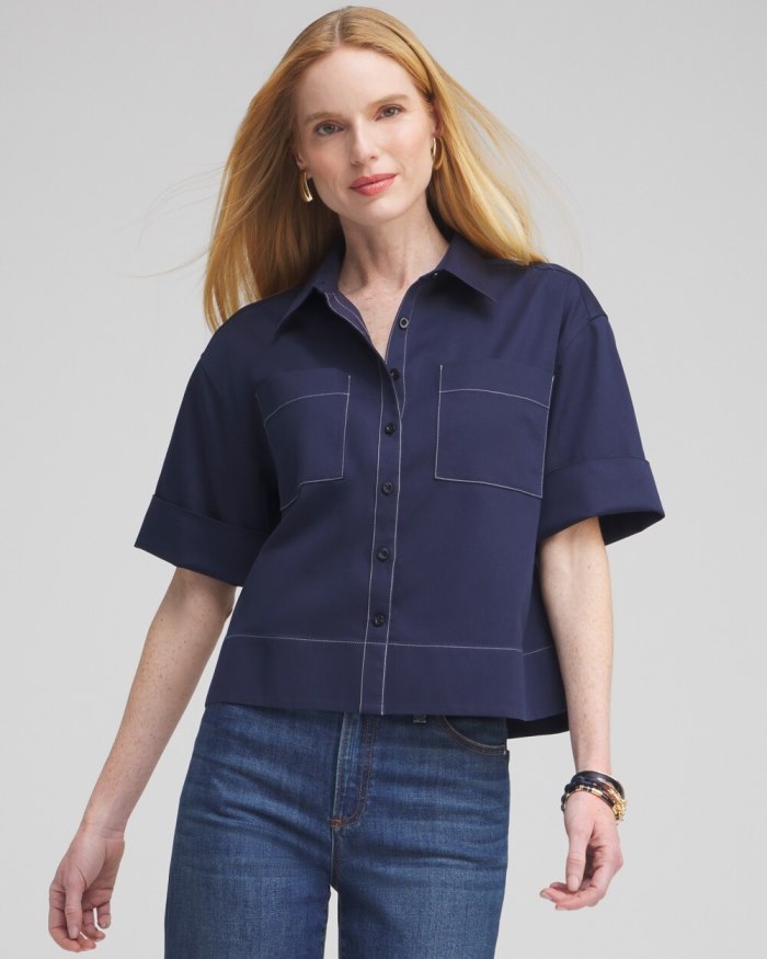 Chicos No Iron Stretch Short Sleeve Shirt - Classic Navy Chicos No Iron Stretch Short Sleeve Shirt - Classic Navy