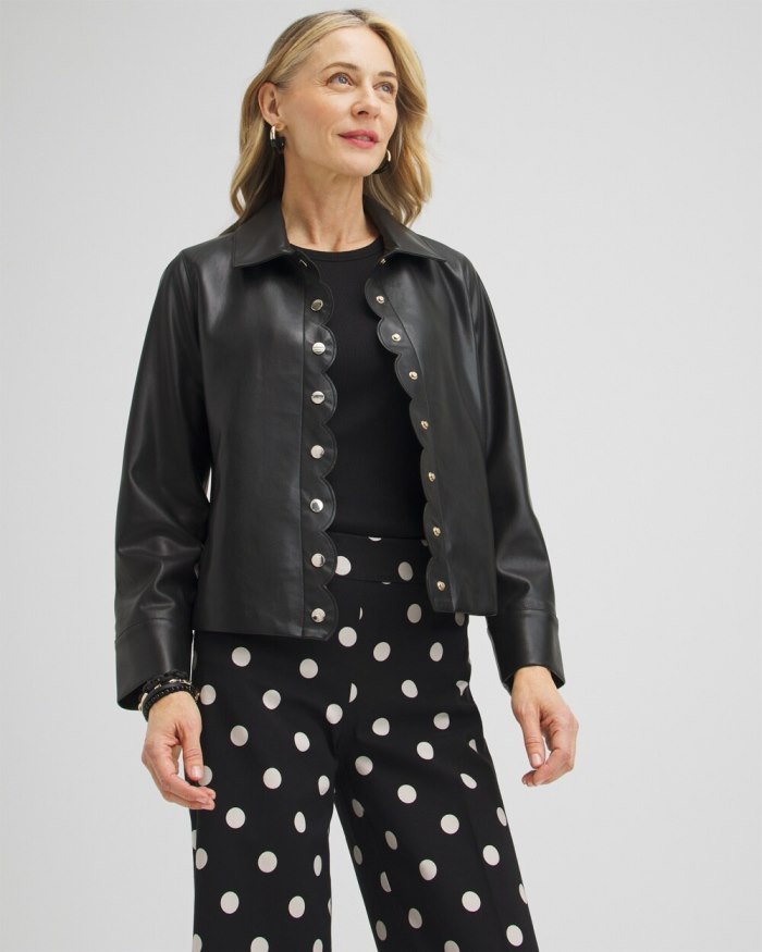 Chicos Scallop Trim Faux Leather Shacket - Black Chicos Scallop Trim Faux Leather Shacket - Black